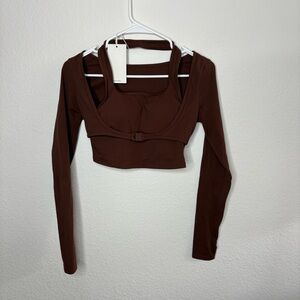 NWT Halara Plush Halter Thumb Hole Long Sleeve Cropped 2-in-1 Yoga Sports Top